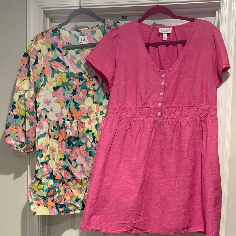 Maternity Pink Button-Down (Isabel) Dress and Floral Blouse (GAP)
